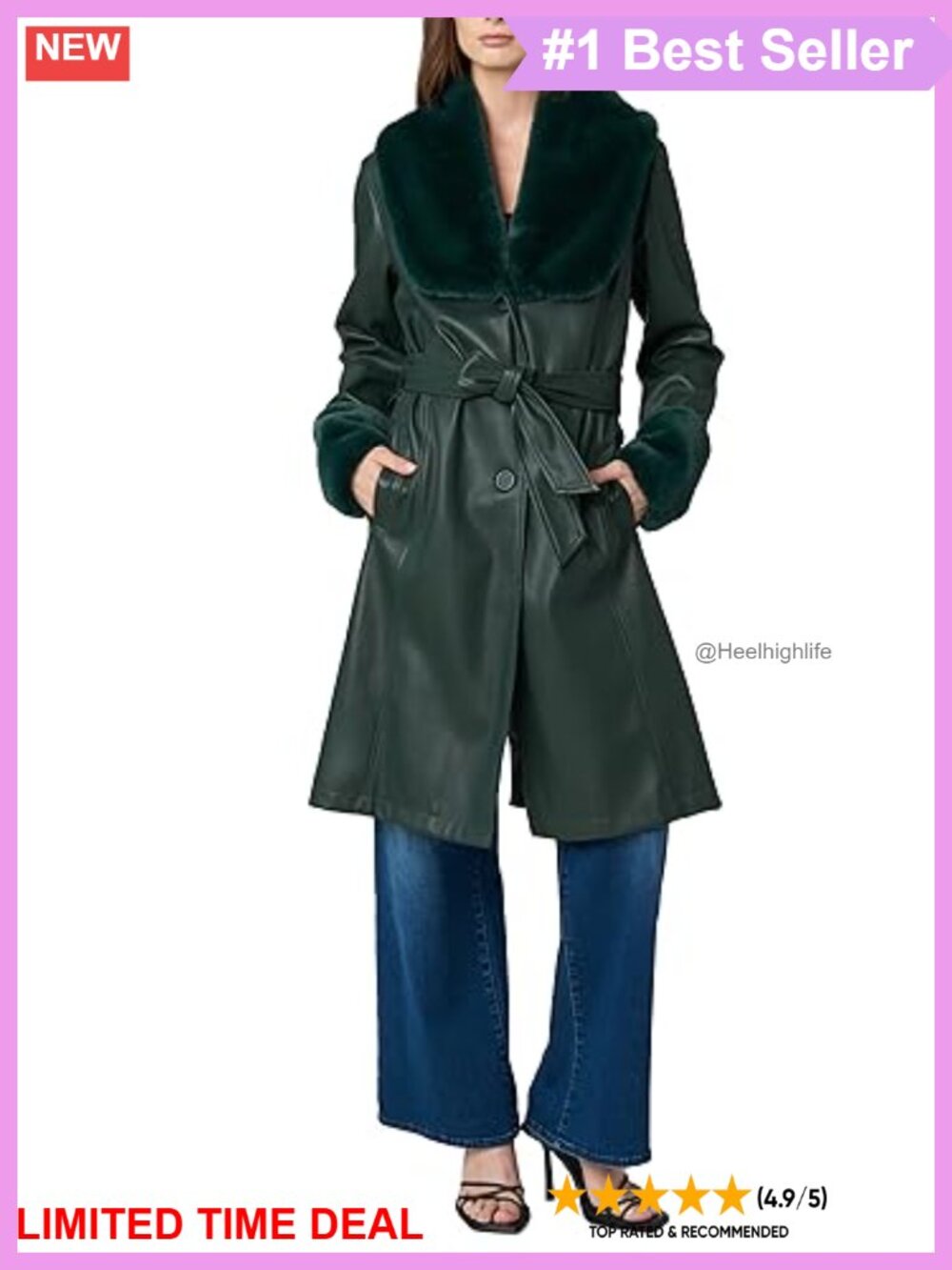 Vegan Leather Trench Coat Faux Fur Shawl Collar Cuffs